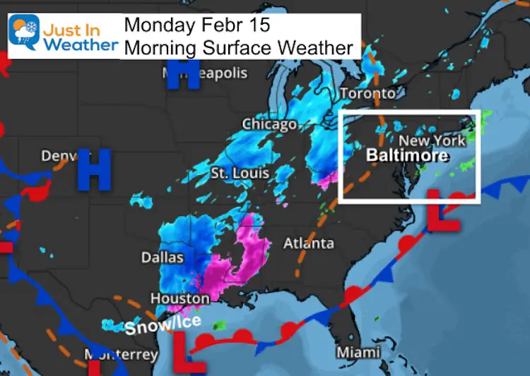 February 15 weather Monday morning