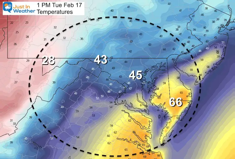 February 15 weather Tuesday afternoon temperatures