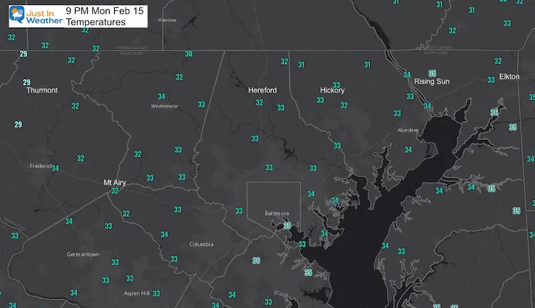 February 15 weather ice temperatures 9 PM Maryland