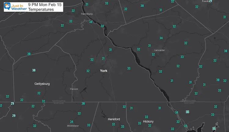 February 15 weather ice temperatures 9 PM So PA