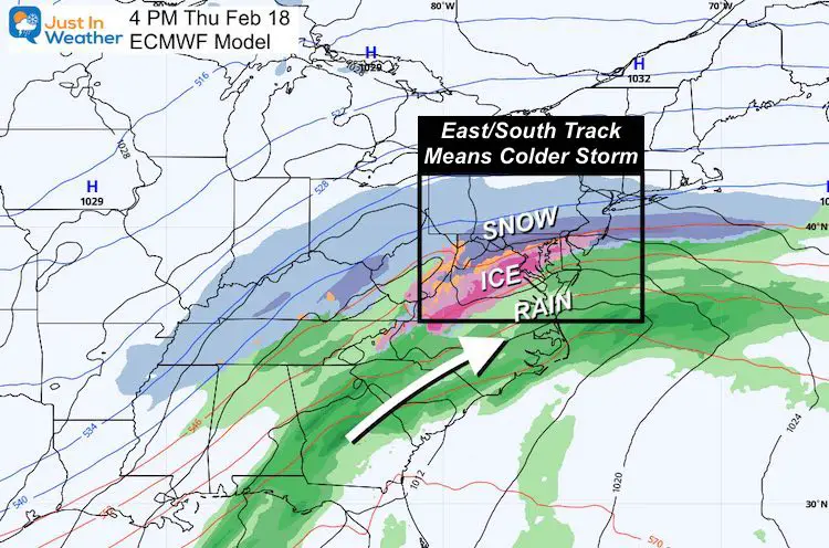 February 15 weather snow ice storm ECWMF Thursday afternoon New Track
