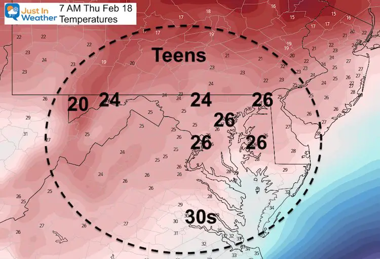 February 15 weather temperatures Thursday morning