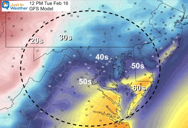 February 15 weather temperatures Tuesday Afternoon