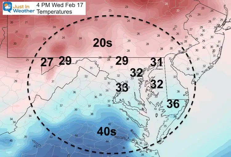 February 15 weather temperatures Wednesday afternoon