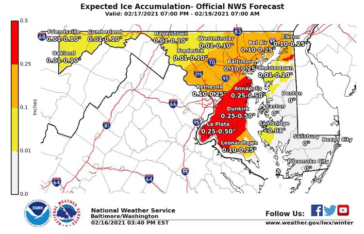 February 16 snow storm ice forecast NWS Maryland