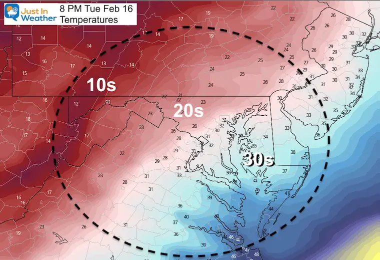 February 16 weather temperature Tuesday evening