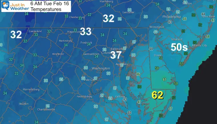 February 16 weather temperature Tuesday morning
