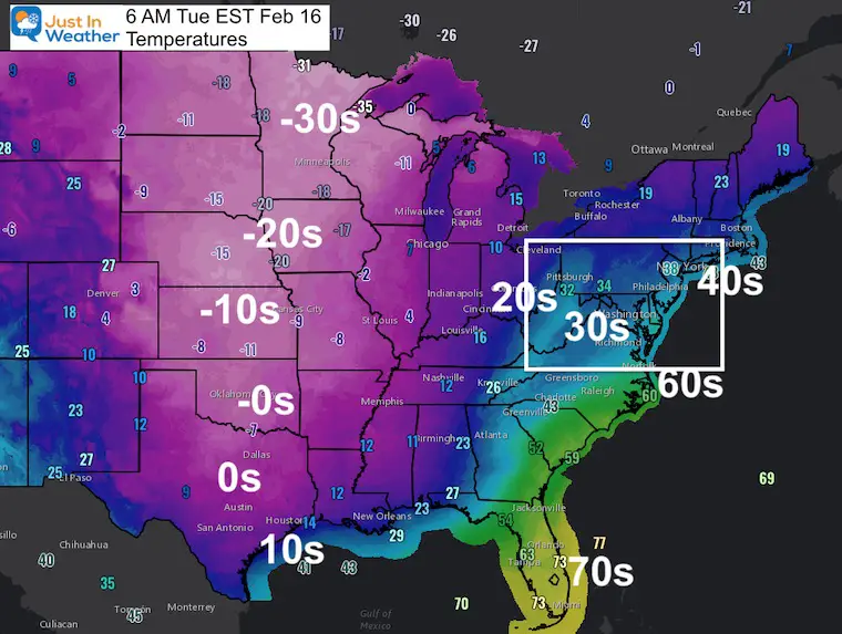 February 16 weather temperature US Tuesday Morning