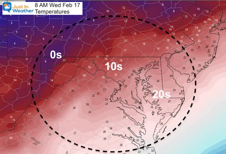 February 16 weather temperature Wednesday morning