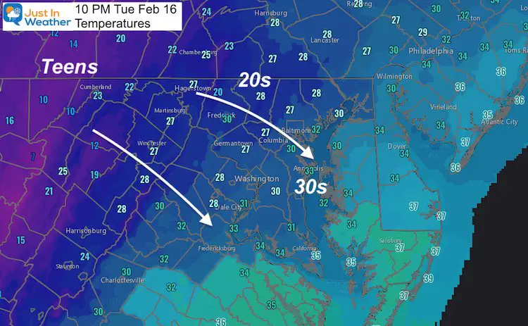 February 16 weather temperatures 10 PM