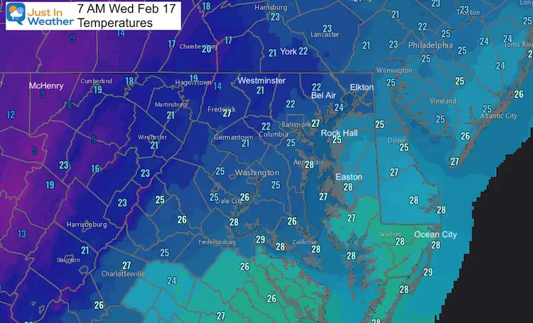 February 17 weather temperature Wednesday morning