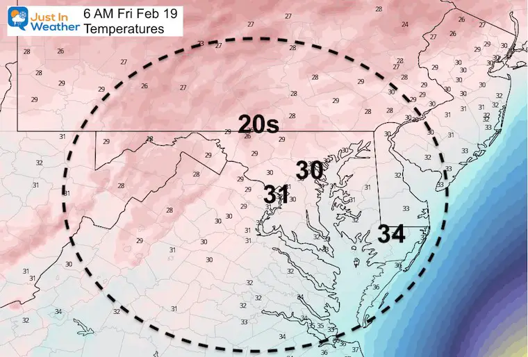 February 18 weather temperature Friday morning