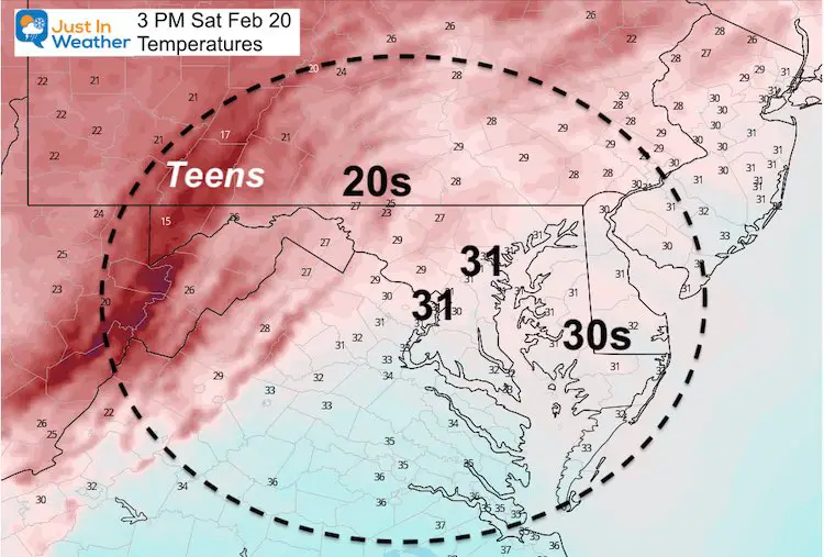 February 20 weather temperature Saturday afternoon