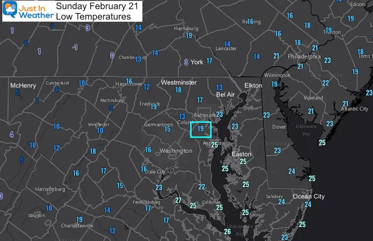 February 21 Weather Sunday Low Temperatures