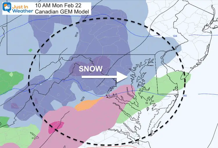 February 22 weather snow Canadian Monday 10 AM