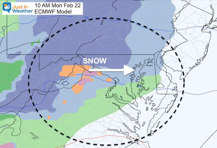 February 22 weather snow ECMWF Monday 10 AM