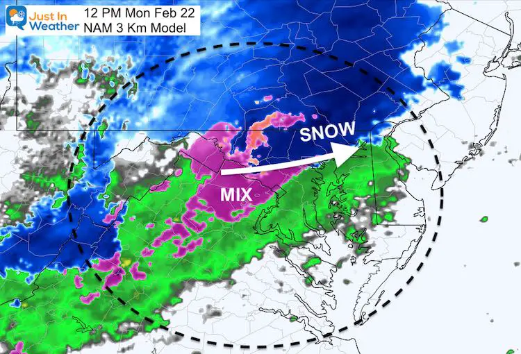 February 22 weather snow NAM Monday 12 PM