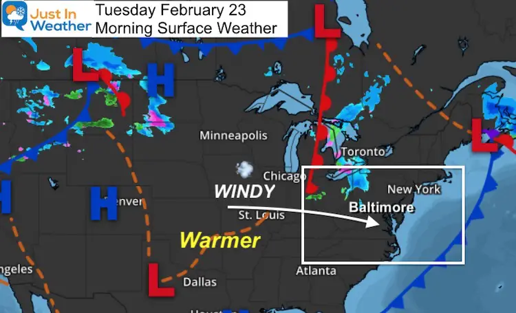 February 23 weather Tuesday morning