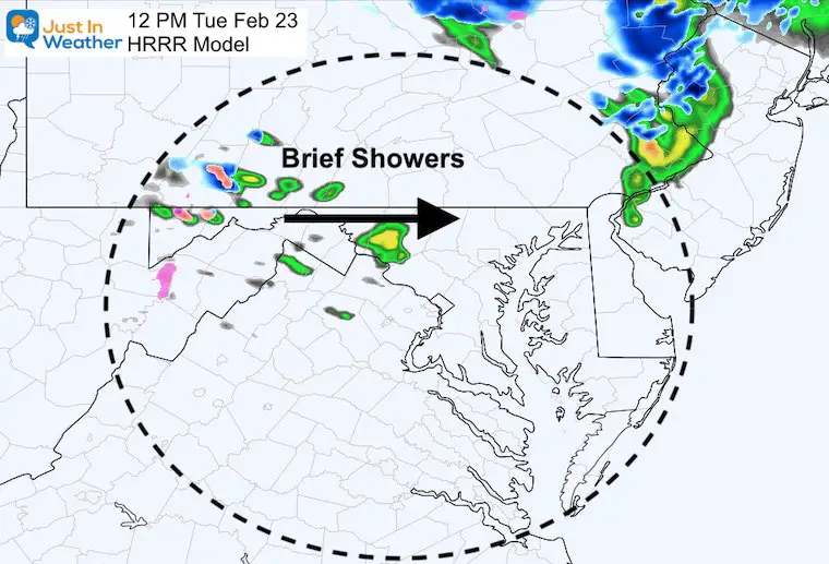 February 23 weather rain snow Tuesday Noon