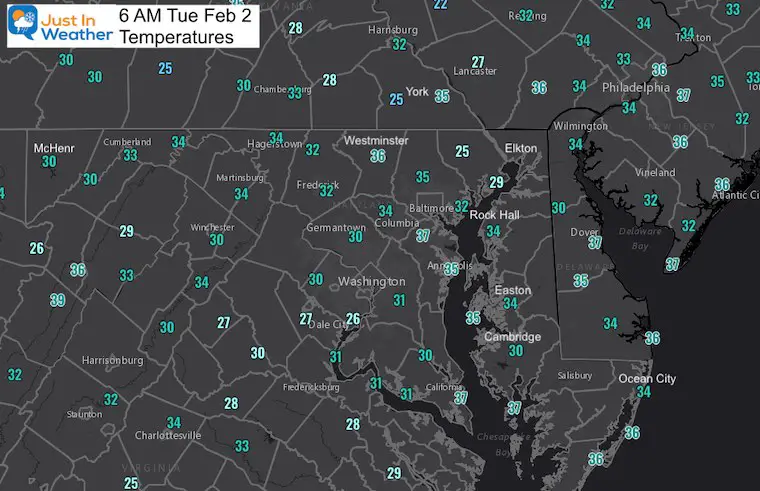 February 23 weather temperatures Tuesday 6 AM