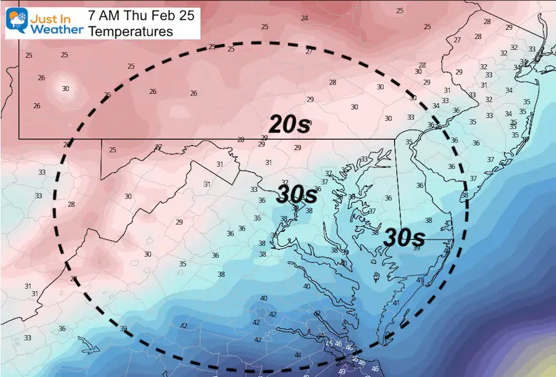 February 24 weather temperature Thursday morning