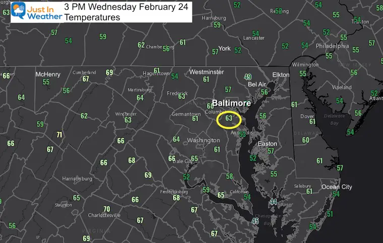February 24 weather temperatures 3 PM Maryland