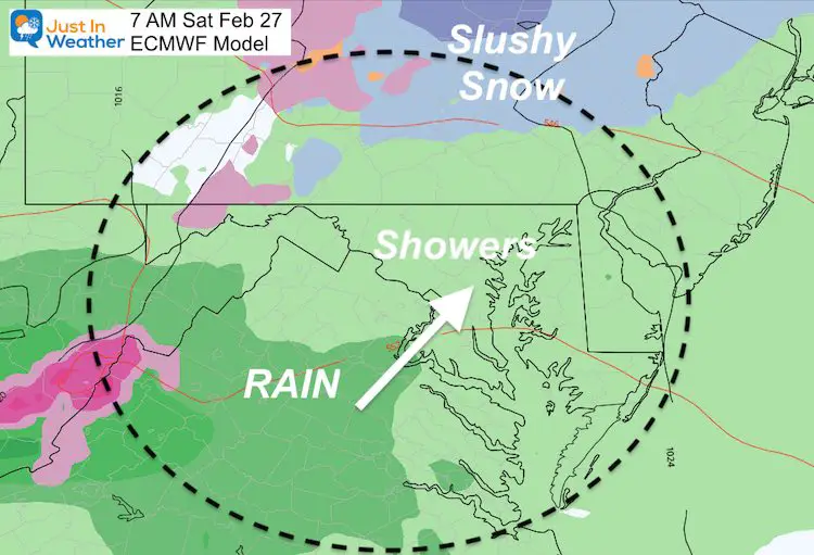 February 25 weather snow rain Saturday 7 AM