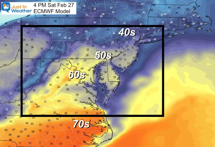 February 25 weather temperatures Saturday afternoon