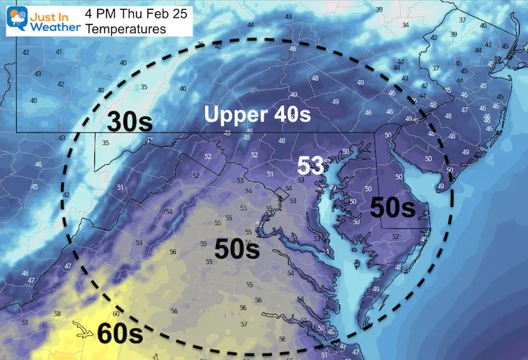 February 25 weather temperatures Thursday aftenoon