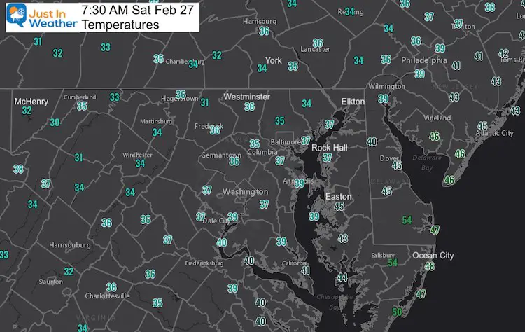 February 27 weather temperature Saturday morning