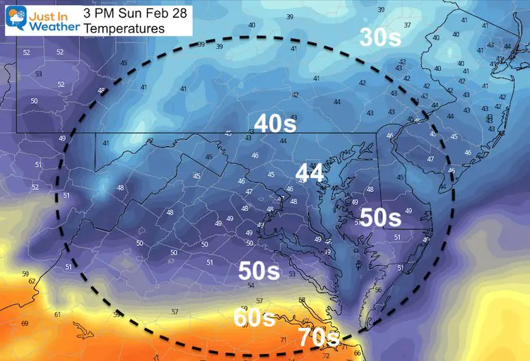 February 27 weather temperatures Sunday 3 PM