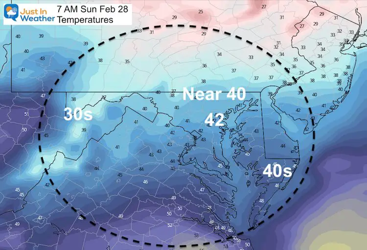 February 27 weather temperatures Sunday 7 AM