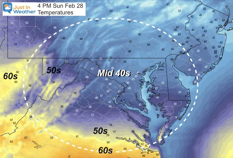 February 28 weather temperature Sunday afternoon