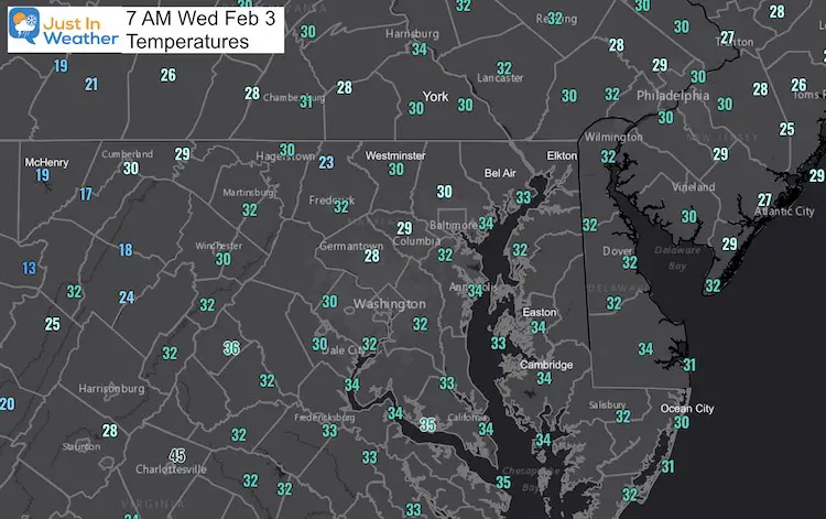 February 3 weather temperature Wednesday morning