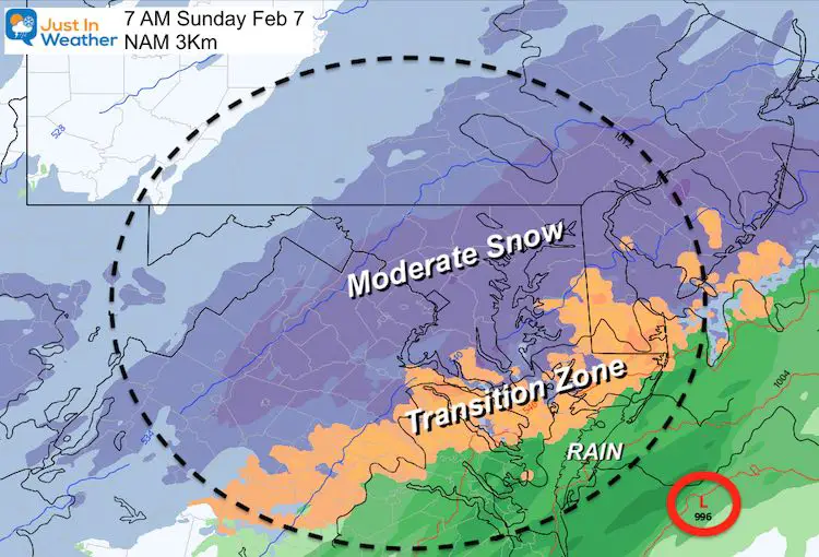 February 5 weather snow storm Sunday NAM 7 AM