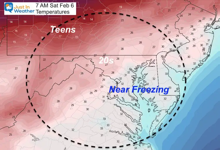 February 5 weather temperatures Saturday morning