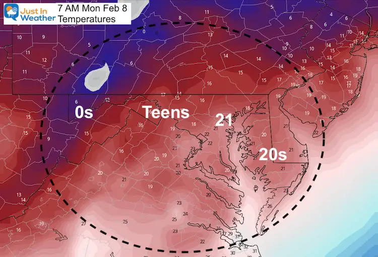 February 6 weather temperature Monday AM 7