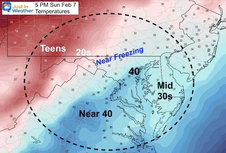 February 6 weather temperature Sunday PM 5