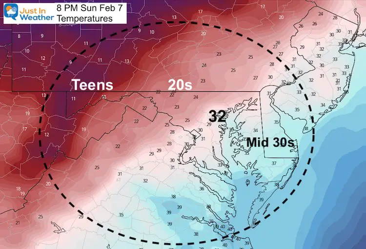 February 6 weather temperature Sunday PM 8