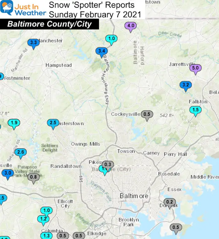 February 7 snow reports Maryland Baltimore