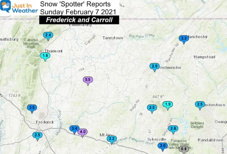 February 7 snow reports Maryland Frederick Carroll
