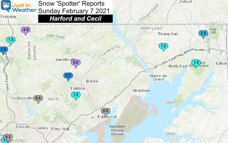 February 7 snow reports Maryland Harford Cecil