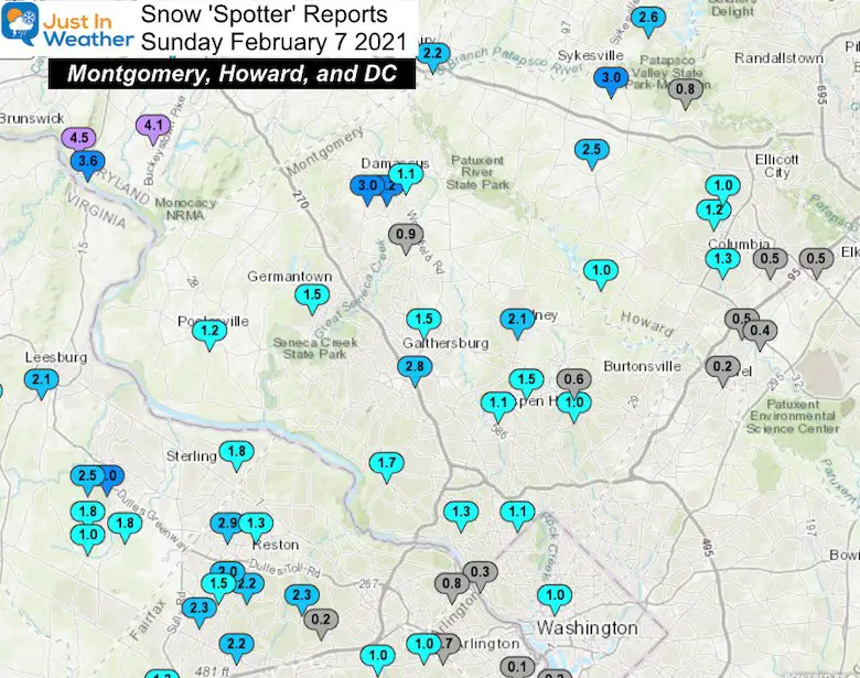 February 7 snow reports Maryland Montgomery Howard DC