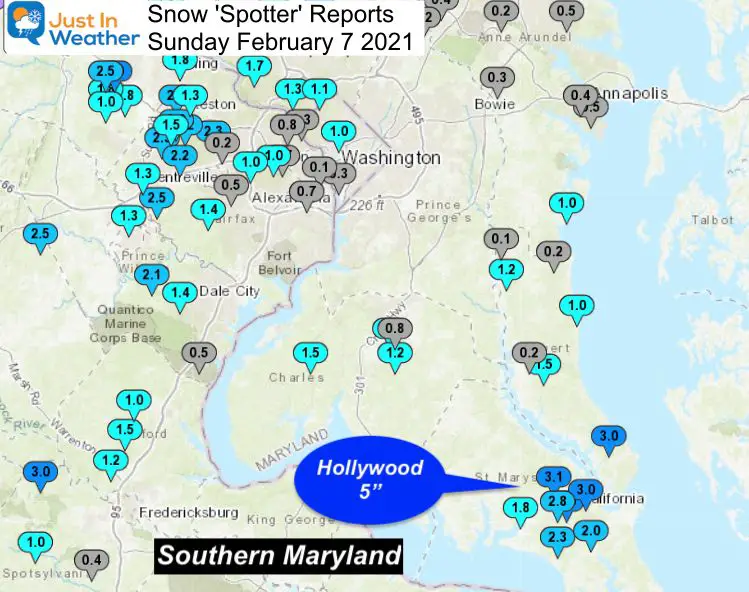 February 7 snow reports Maryland South