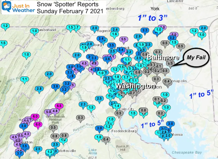 February 7 snow reports Maryland VA
