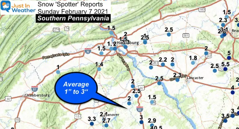 February 7 snow reports Pennsylvania South