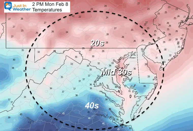 February 8 weather Monday Temperatures afternoon