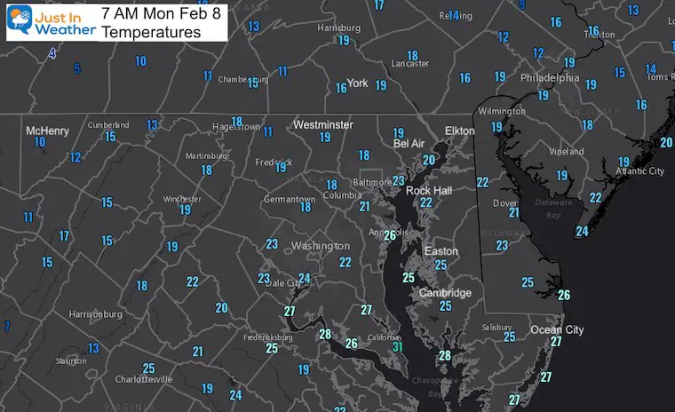 February 8 weather Monday morning temperatures 7am