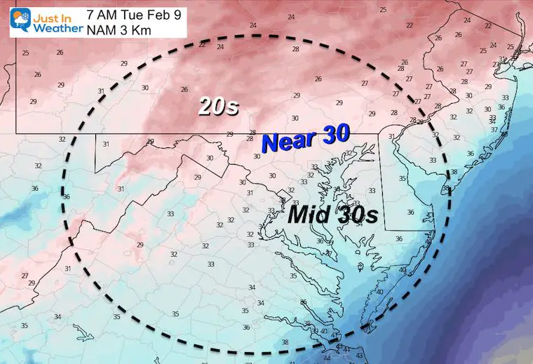 February 8 weather Tuesday temperatures morning MD