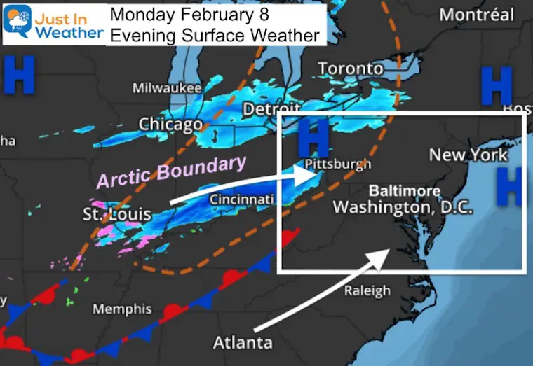 February 8 weather surface Monday Evening